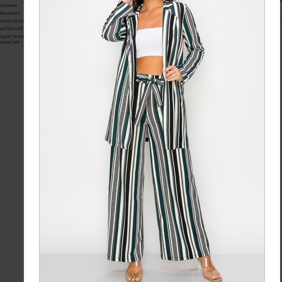 NWT Women's 2pc Stripe Collared Button Down Wide Leg Matching Suit Trend - Picture 2 of 4